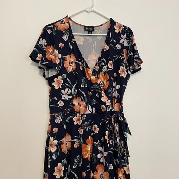 BY & BY / BY&BY Navy Blue Floral Print High Low Hi-Lo Midi Maxi Faux Wrap Dress - Picture 3 of 16